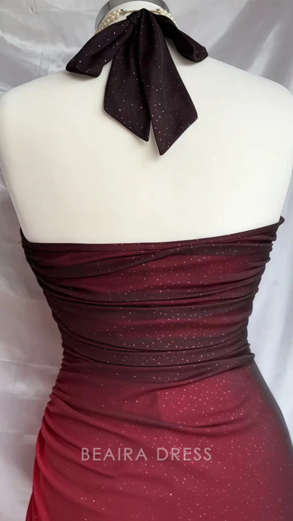 Beaira Elegant Special Gradient Color Burgundy Prom Dress Tie Halter Date/Birthday Party Dress formal wear dresses