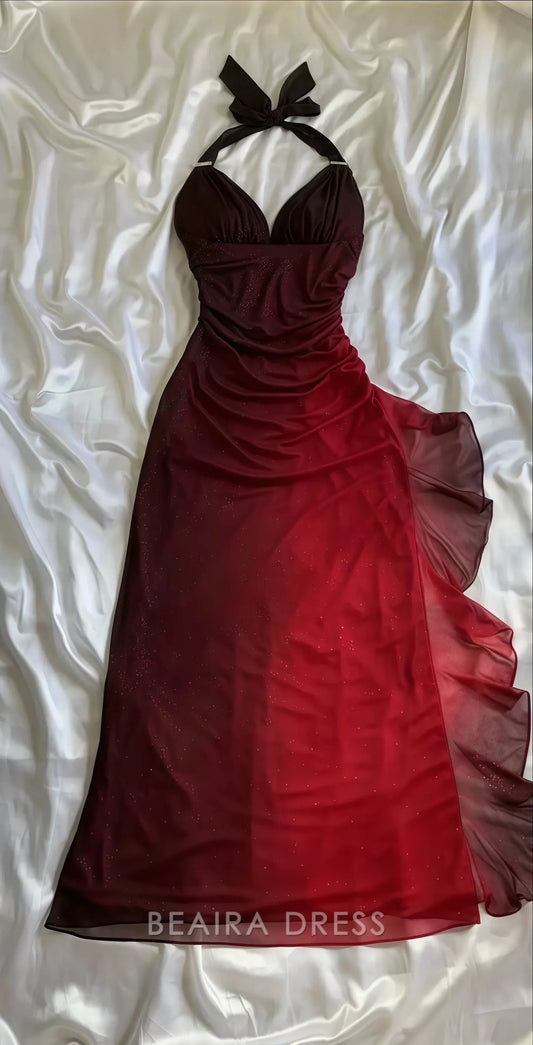 Beaira Elegant Special Gradient Color Burgundy Prom Dress Tie Halter Date/Birthday Party Dress formal wear dresses