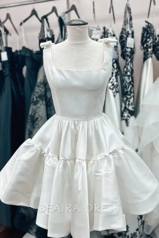 Beaira Elegant Square Neckline Tiered Skirt Mini Bridal Dress with Bow - Detailed Straps for Whimsical Bridal Charm