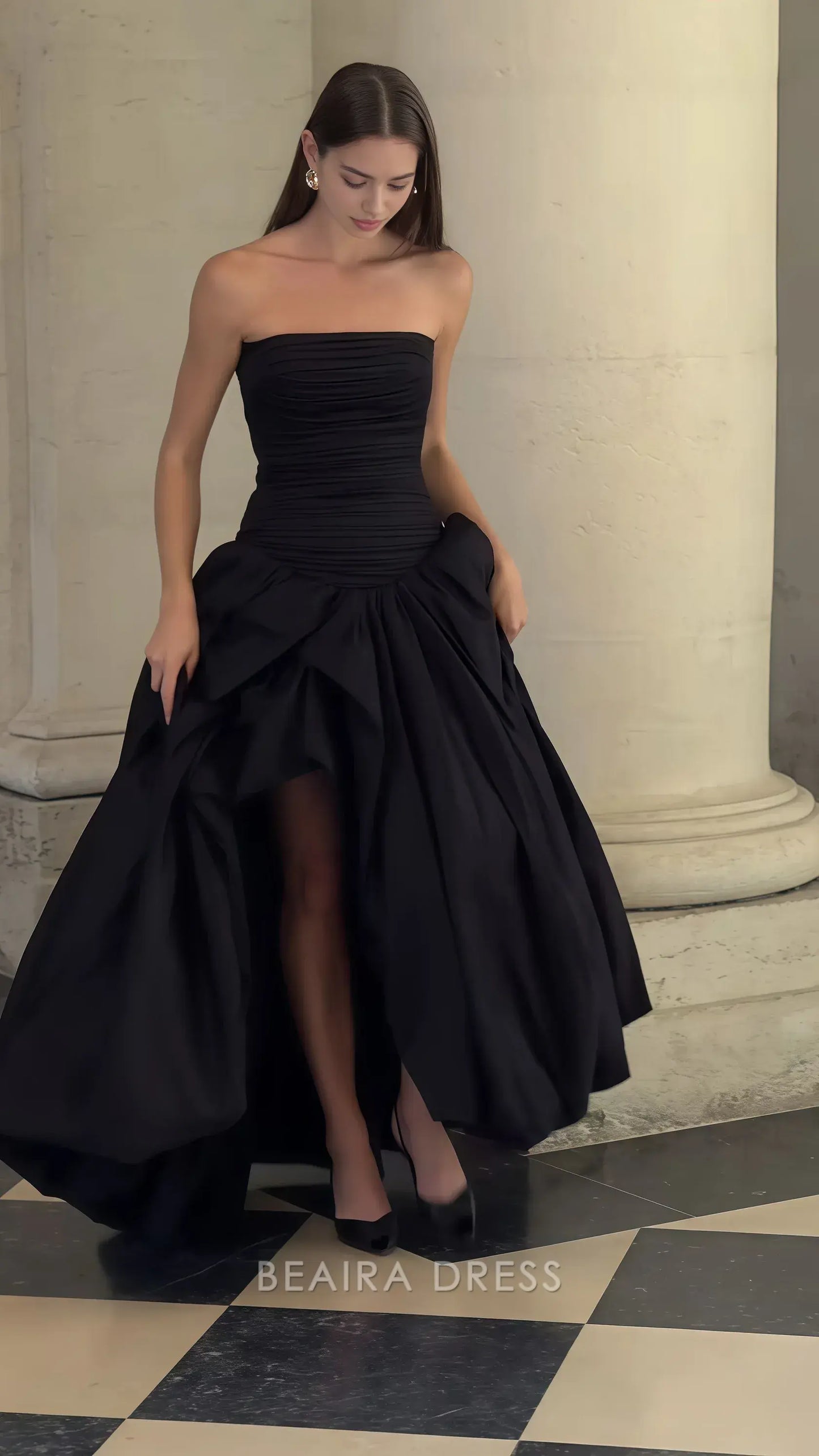 Beaira Elegant Strapless Black Pleated A-Line Prom Dress With Side Slit formal wear dresses