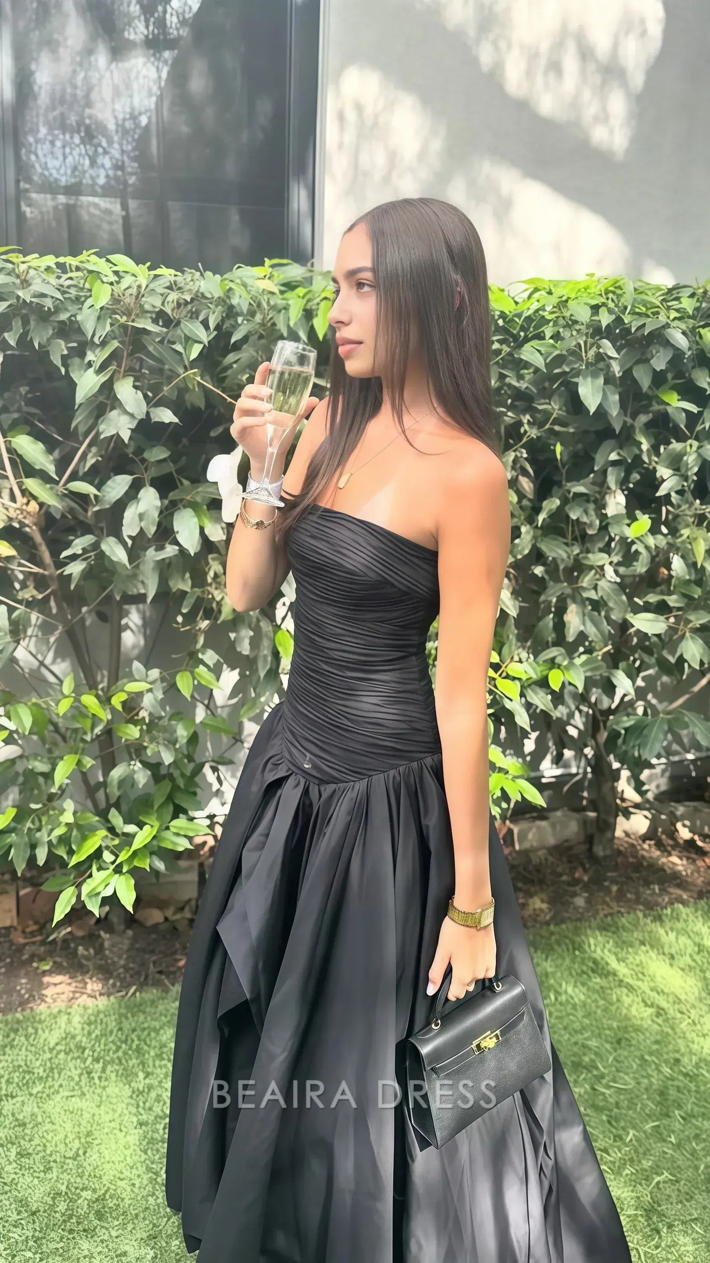 Beaira Elegant Strapless Black Pleated A-Line Prom Dress With Side Slit formal wear dresses