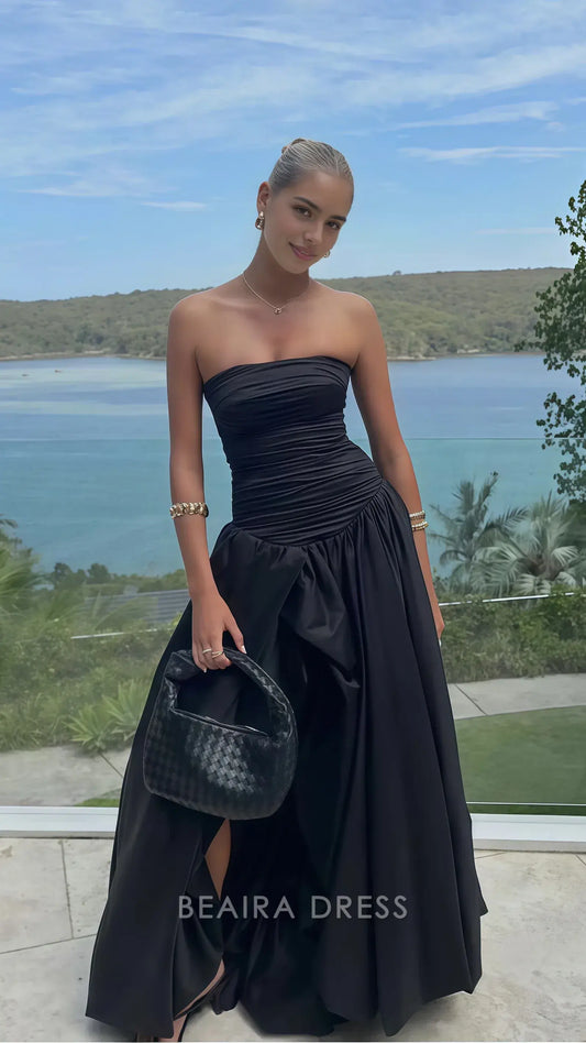 Beaira Elegant Strapless Black Pleated A-Line Prom Dress With Side Slit formal wear dresses