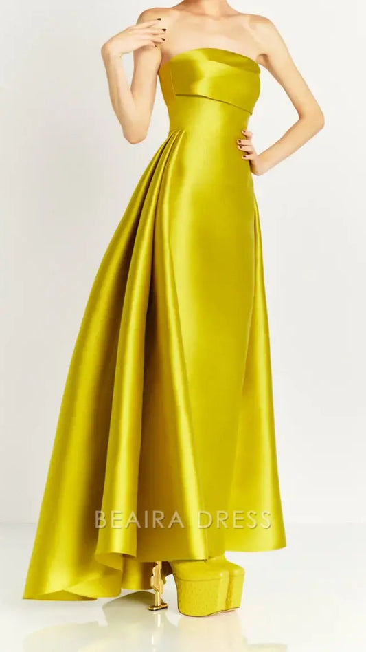 Beaira Elegant Strapless Lemon Yellow Satin Party Dress Long Prom Dresses For Women formal wear dresses