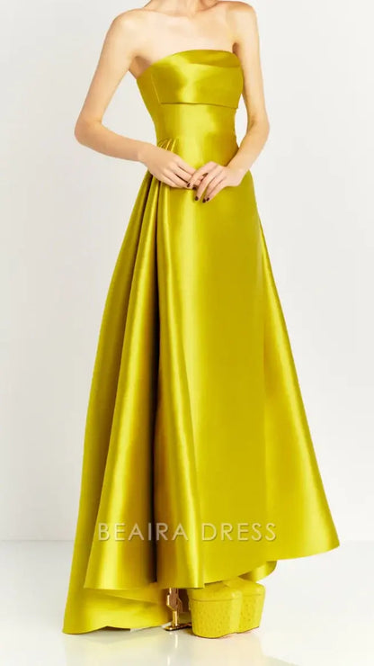 Beaira Elegant Strapless Lemon Yellow Satin Party Dress Long Prom Dresses For Women formal wear dresses
