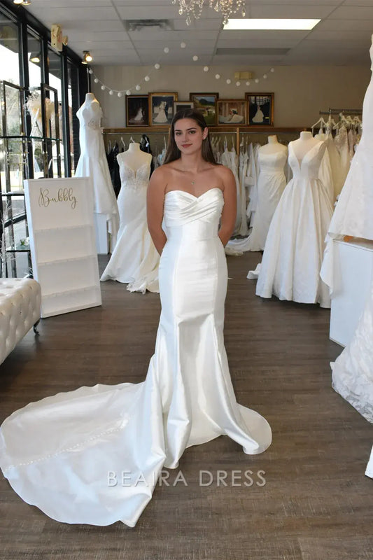 Beaira Elegant Strapless Mermaid Wedding Dress with Draped Bodice and Satin Train for Elegant Bridal Sophistication