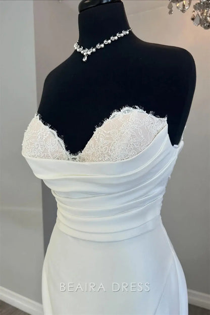 Beaira Elegant Strapless Mermaid Wedding Dress with Lace Sweetheart Bodice and Ruched Waist Detail for Romantic Bridal Style
