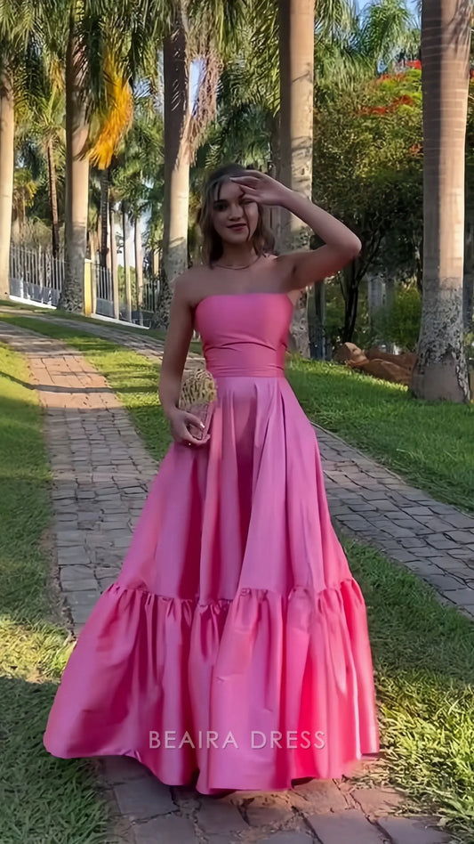Beaira Elegant Strapless Pink A-Line Evening Prom Dress formal wear dresses