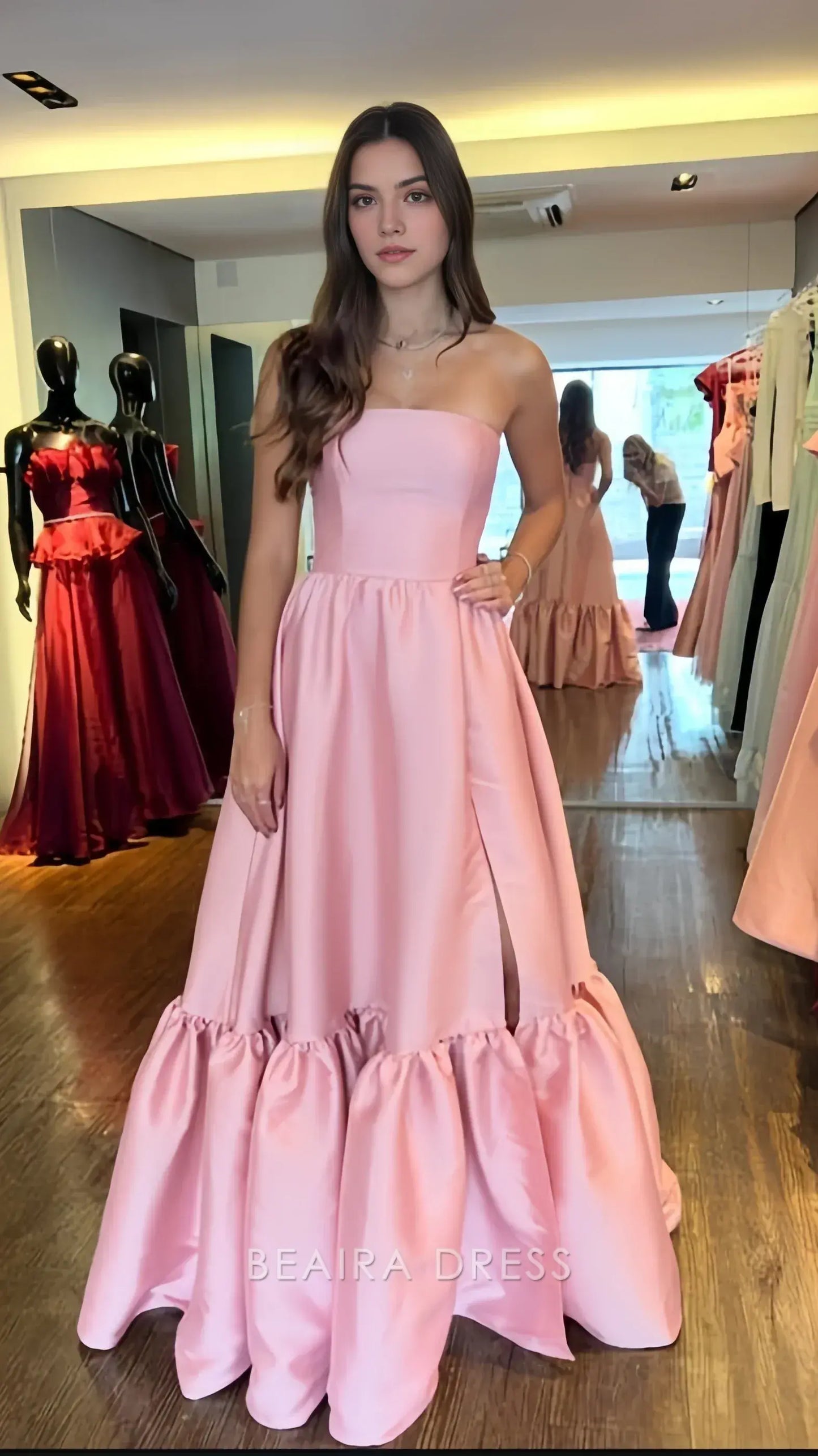 Beaira Elegant Strapless Pink A-Line Evening Prom Dress formal wear dresses