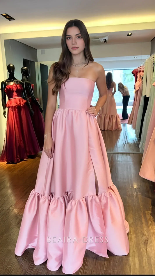 Beaira Elegant Strapless Pink A-Line Evening Prom Dress formal wear dresses