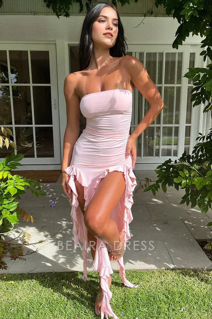 Beaira Elegant Strapless Pink Ruffle Homecoming Dresses Evening Prom Dress formal wear dresses