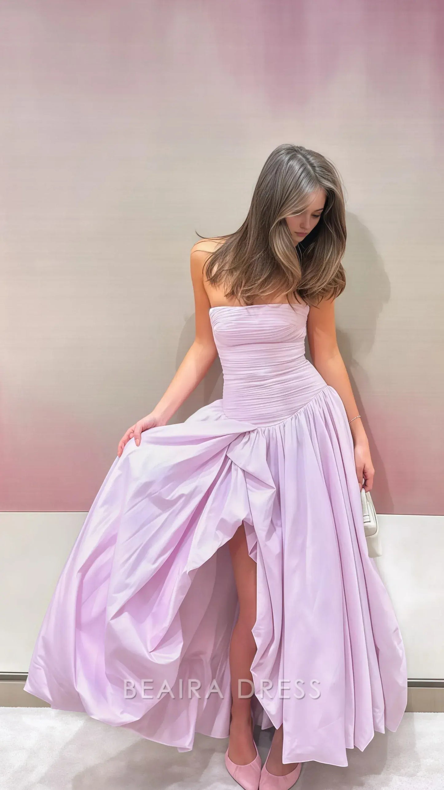 Beaira Elegant Strapless Pleated A-Line Prom Dress Split Lilac Evening Dress formal wear dresses
