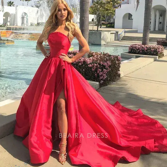Beaira Elegant Strapless Red Satin Long Evening Prom Dress With Side Slit formal wear dresses