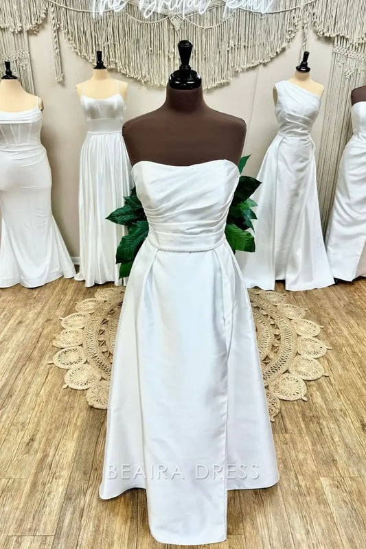 Beaira Elegant Strapless Ruched Satin Wedding Dress with Embellished Waistband Asymmetric Hem and Timeless Bridal Elegance
