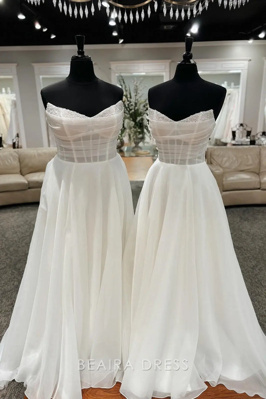 Beaira Elegant Strapless Sweetheart Neckline Wedding Dresses with Sheer Corset Bodice and Beaded Detailing for Ethereal Bridal Charm
