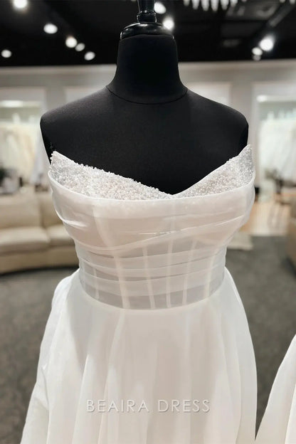 Beaira Elegant Strapless Sweetheart Neckline Wedding Dresses with Sheer Corset Bodice and Beaded Detailing for Ethereal Bridal Charm