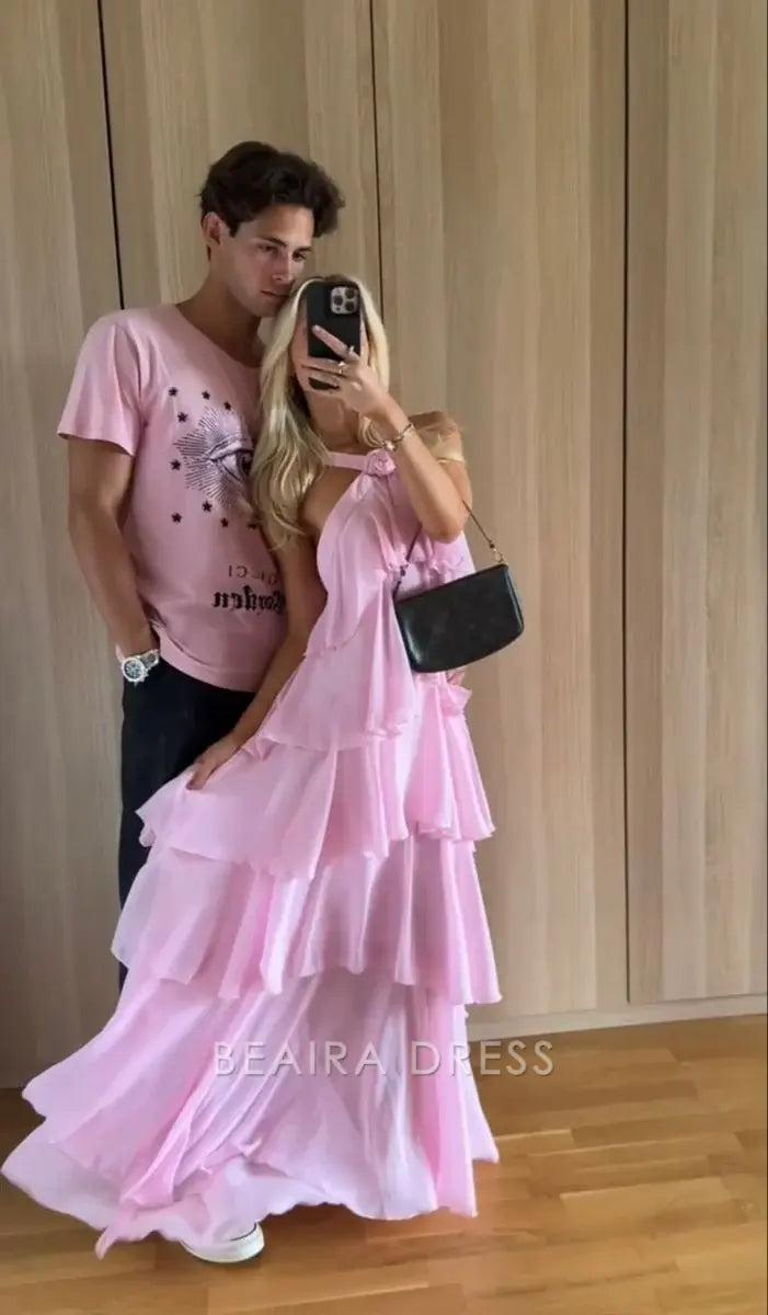 Beaira Elegant Sweet Pink Chiffon Layers Long Prom Dresses formal wear dresses