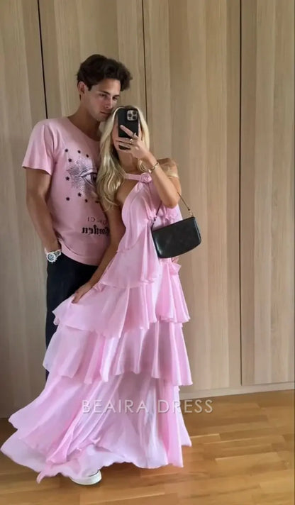 Beaira Elegant Sweet Pink Chiffon Layers Long Prom Dresses formal wear dresses