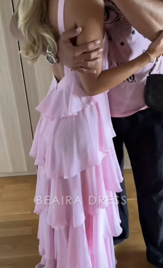 Beaira Elegant Sweet Pink Chiffon Layers Long Prom Dresses formal wear dresses