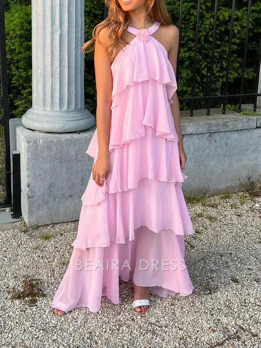 Beaira Elegant Sweet Pink Chiffon Layers Long Prom Dresses formal wear dresses