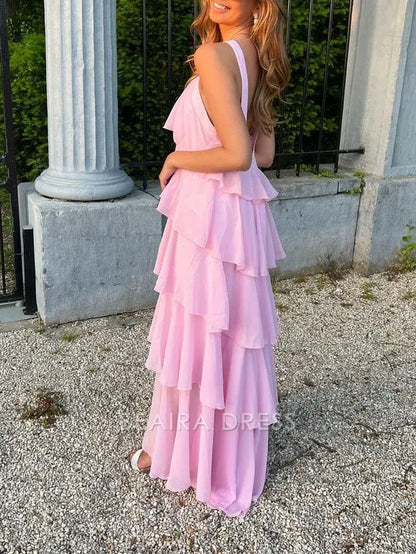Beaira Elegant Sweet Pink Chiffon Layers Long Prom Dresses formal wear dresses