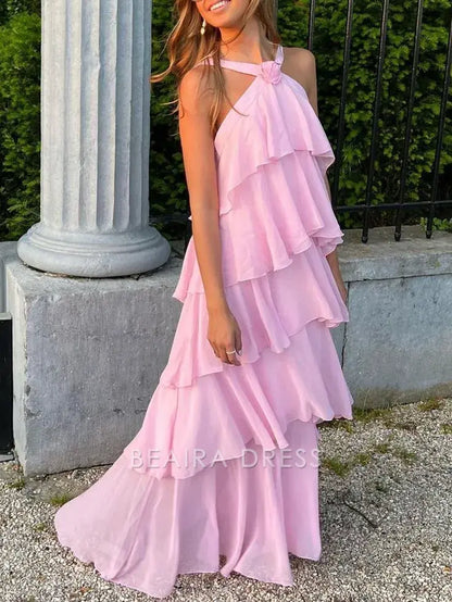 Beaira Elegant Sweet Pink Chiffon Layers Long Prom Dresses formal wear dresses