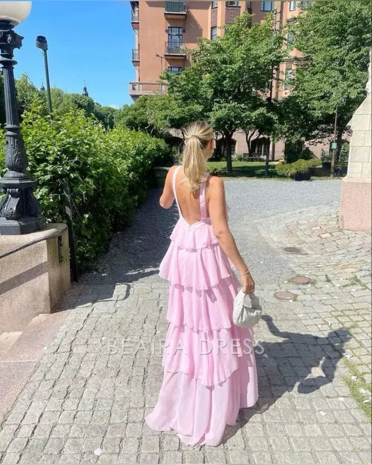 Beaira Elegant Sweet Pink Chiffon Layers Long Prom Dresses formal wear dresses