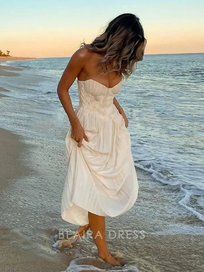 Beaira Elegant Sweetheart Pleated White Prom Dress Ivory Beach Holiday Dress formal wear dresses