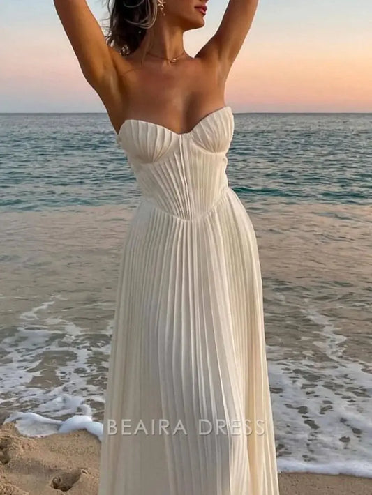 Beaira Elegant Sweetheart Pleated White Prom Dress Ivory Beach Holiday Dress formal wear dresses