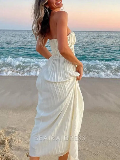 Beaira Elegant Sweetheart Pleated White Prom Dress Ivory Beach Holiday Dress formal wear dresses