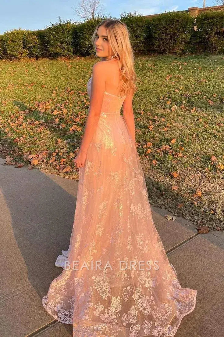 Beaira Elegant Sweetheart Rose Gold Sequin Long Prom Dress With Lace Train formal wear dresses