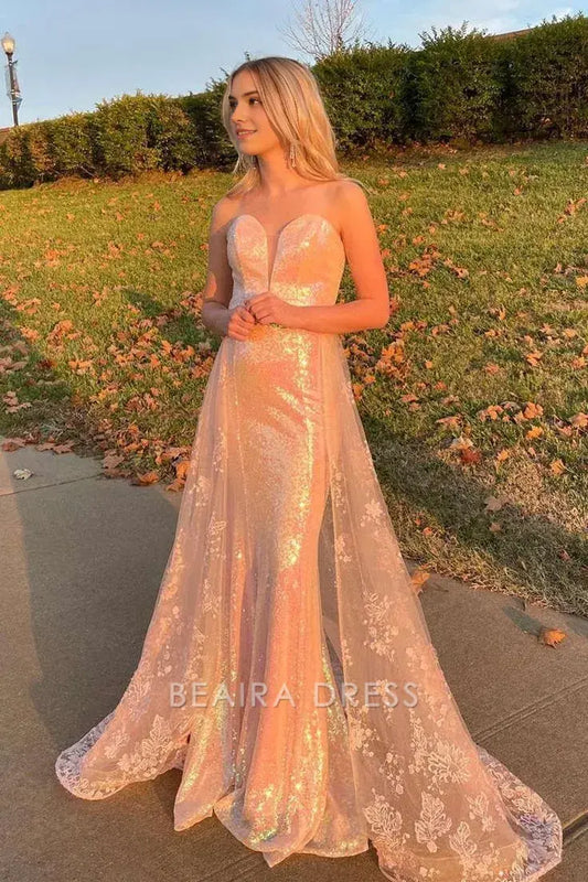 Beaira Elegant Sweetheart Rose Gold Sequin Long Prom Dress With Lace Train formal wear dresses