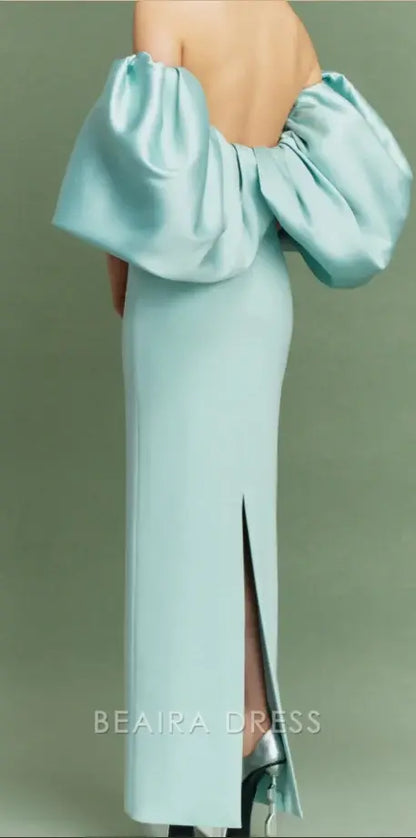 Beaira Elegant Tiffany Blue Off the Shoulder Satin Party Dress formal wear dresses