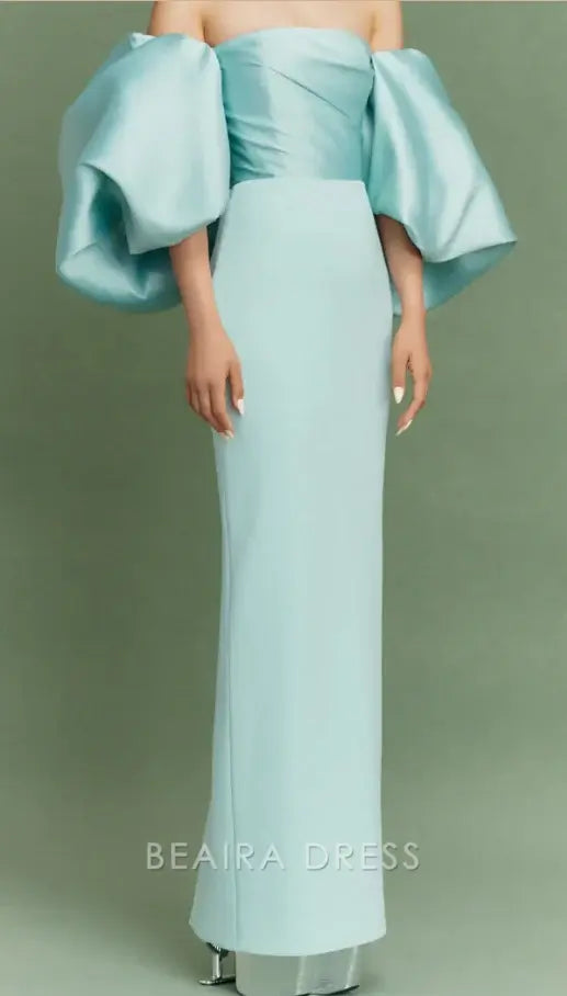 Beaira Elegant Tiffany Blue Off the Shoulder Satin Party Dress formal wear dresses