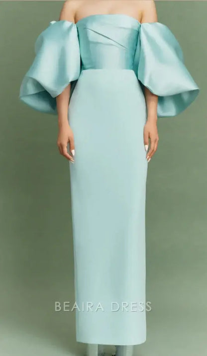 Beaira Elegant Tiffany Blue Off the Shoulder Satin Party Dress formal wear dresses