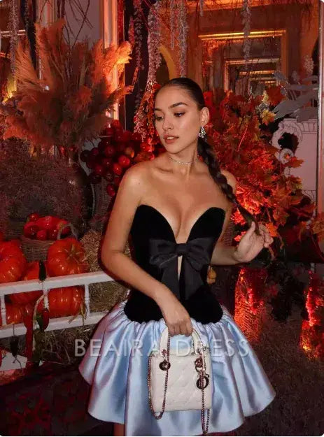 Beaira Elegant Vintage Black Velvet Bow Light Blue Puffy Birthday Dress Homecoming Dress formal wear dresses