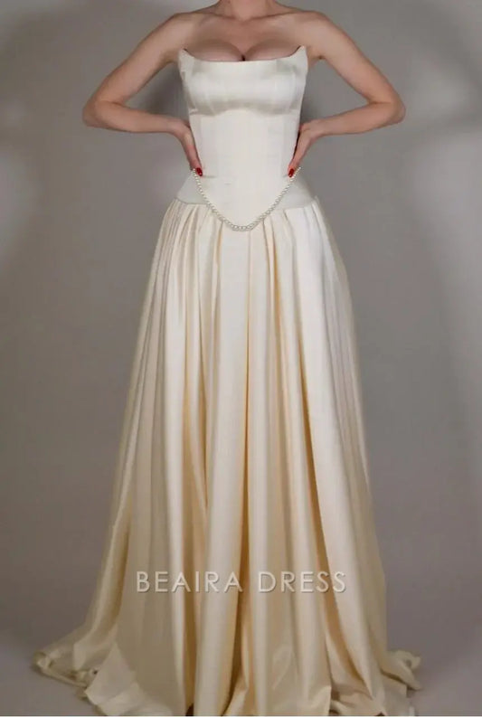 Beaira Elegant Vintage Off White Strapless Wedding Dress Pearl Beaded Satin A-line Prom Dress formal wear dresses