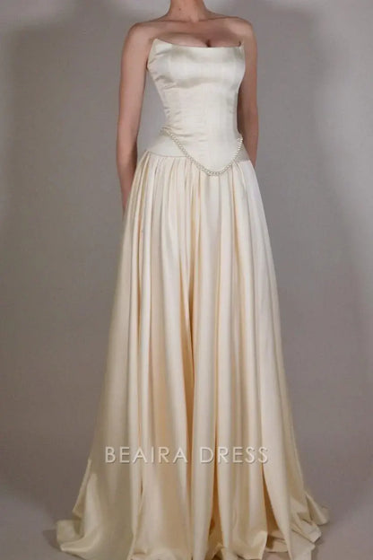 Beaira Elegant Vintage Off White Strapless Wedding Dress Pearl Beaded Satin A-line Prom Dress formal wear dresses