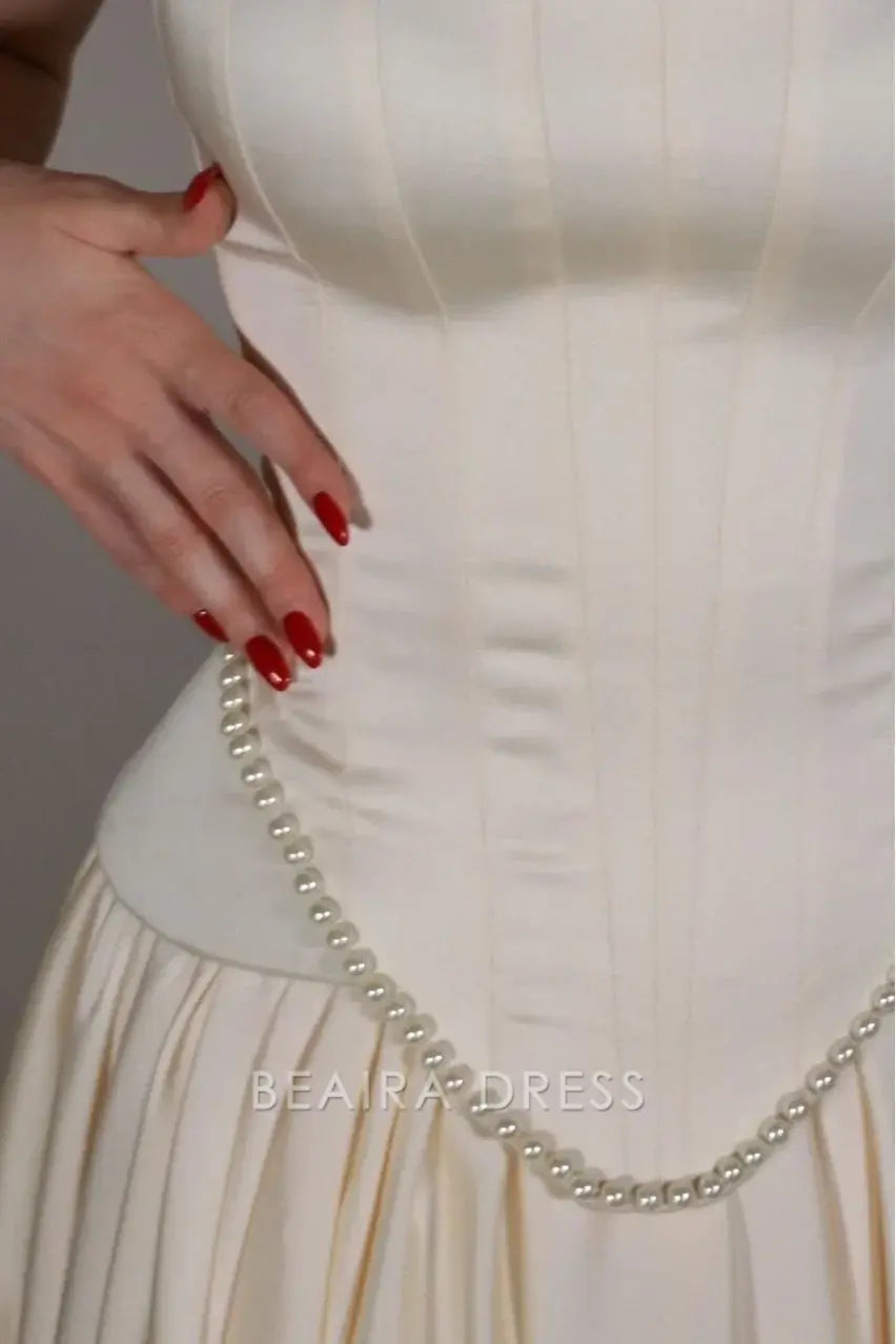 Beaira Elegant Vintage Off White Strapless Wedding Dress Pearl Beaded Satin A-line Prom Dress formal wear dresses