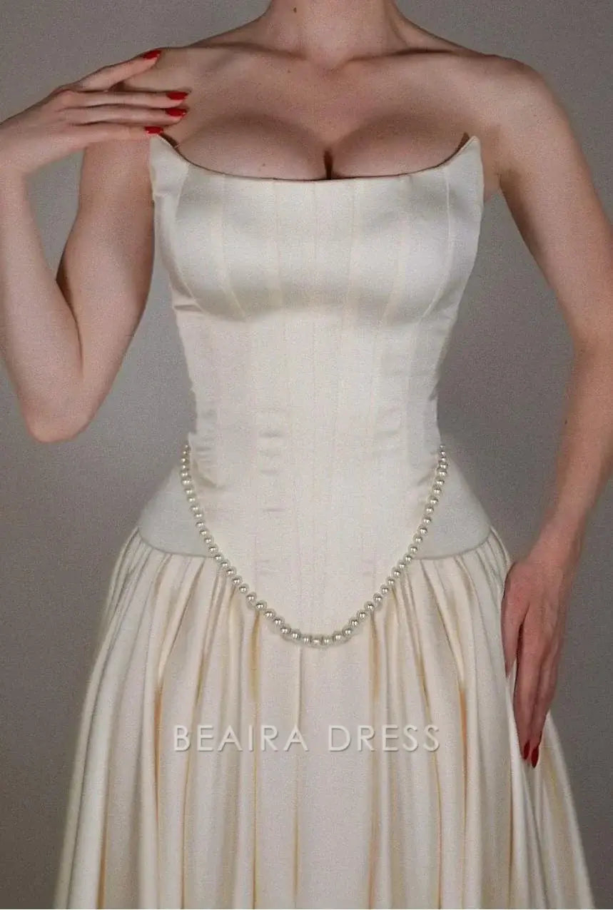 Beaira Elegant Vintage Off White Strapless Wedding Dress Pearl Beaded Satin A-line Prom Dress formal wear dresses
