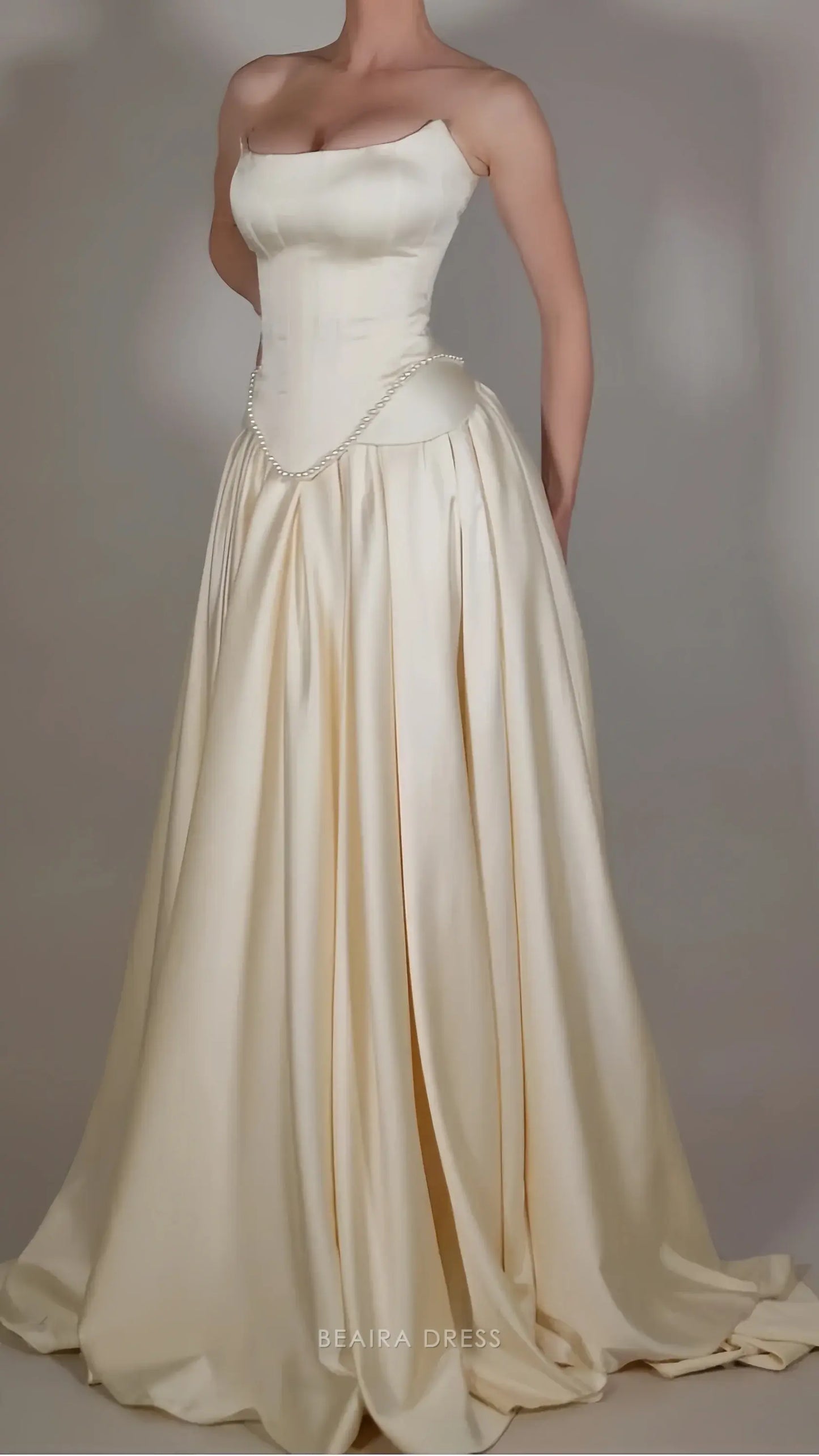 Beaira Elegant Vintage Off White Strapless Wedding Dress Pearl Beaded Satin A-line Prom Dress formal wear dresses