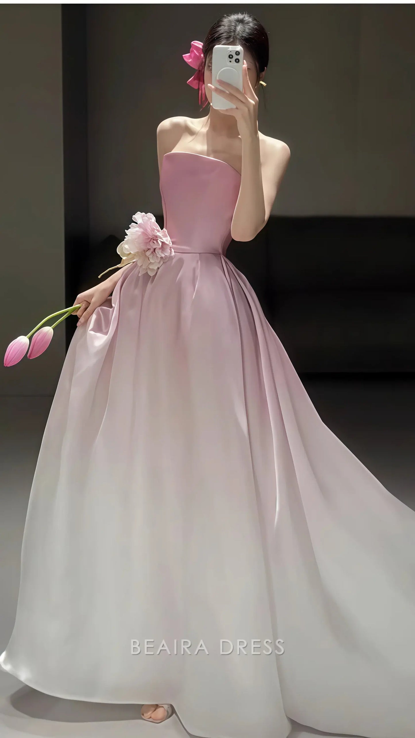 Beaira Elegant White Pink Strapless Party Dresses Long Prom Dress With Sweep Train formal wear dresses