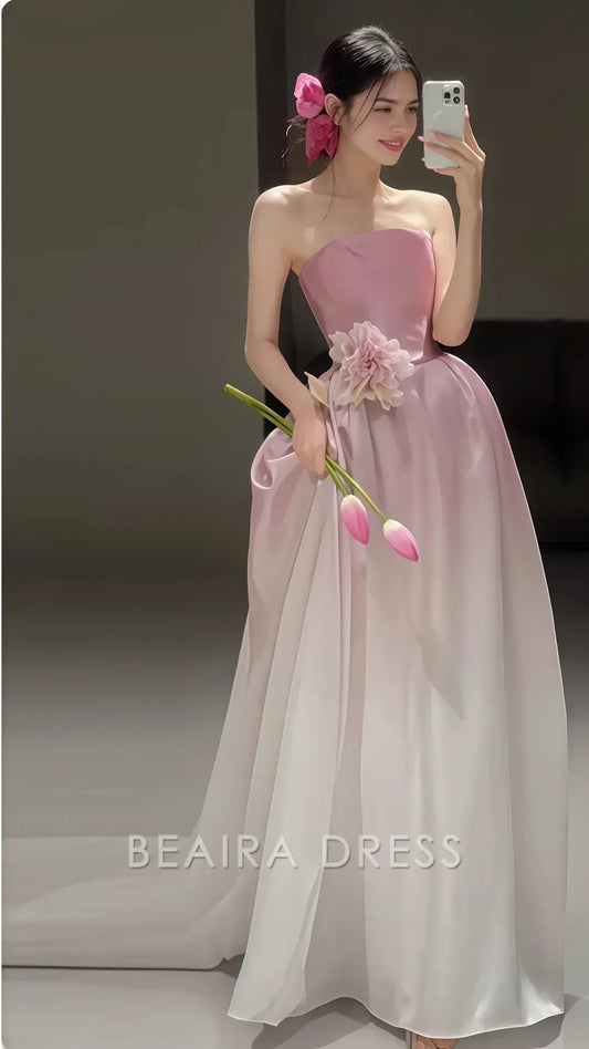 Beaira Elegant White Pink Strapless Party Dresses Long Prom Dress With Sweep Train formal wear dresses