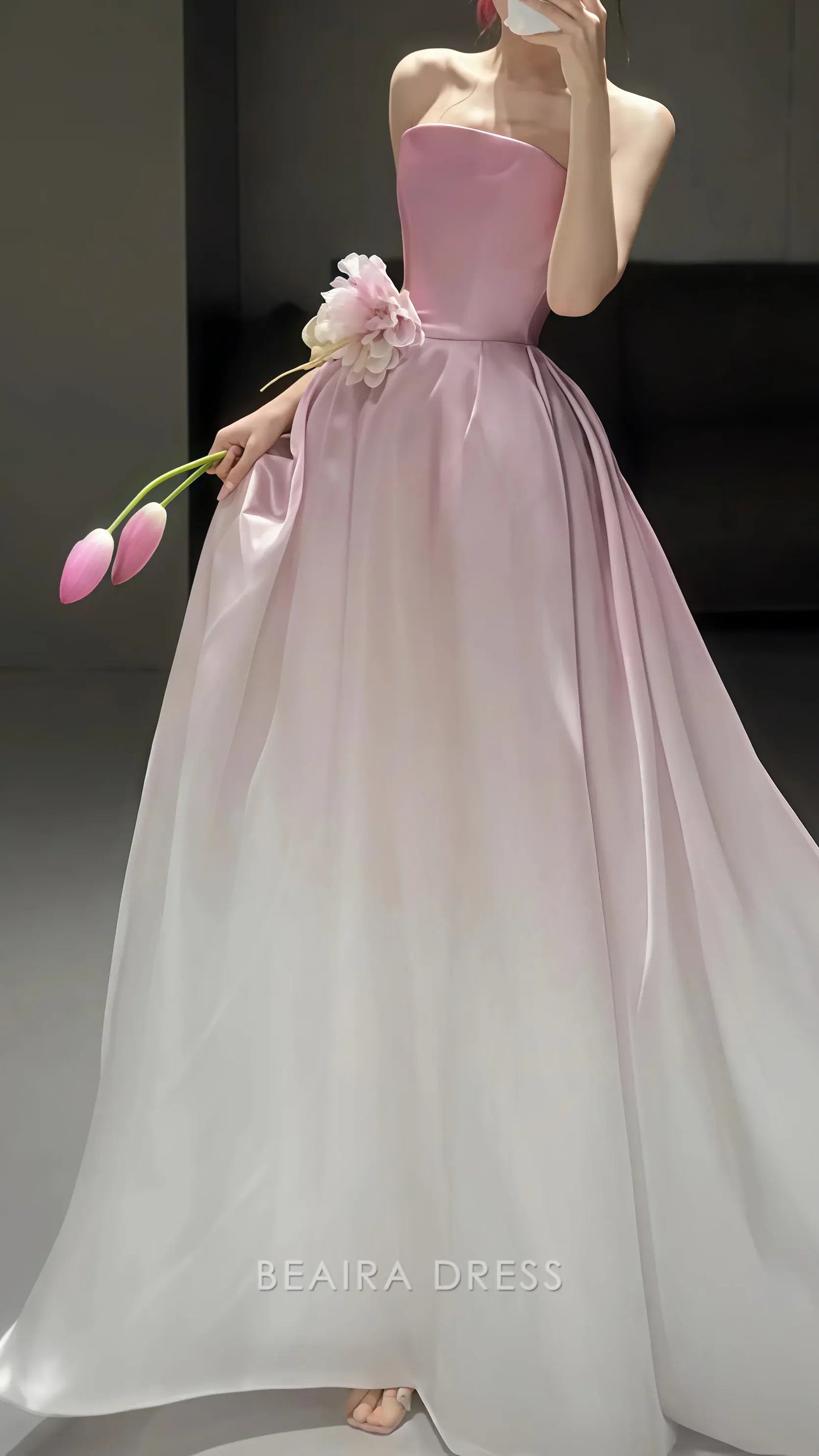 Beaira Elegant White Pink Strapless Party Dresses Long Prom Dress With Sweep Train formal wear dresses