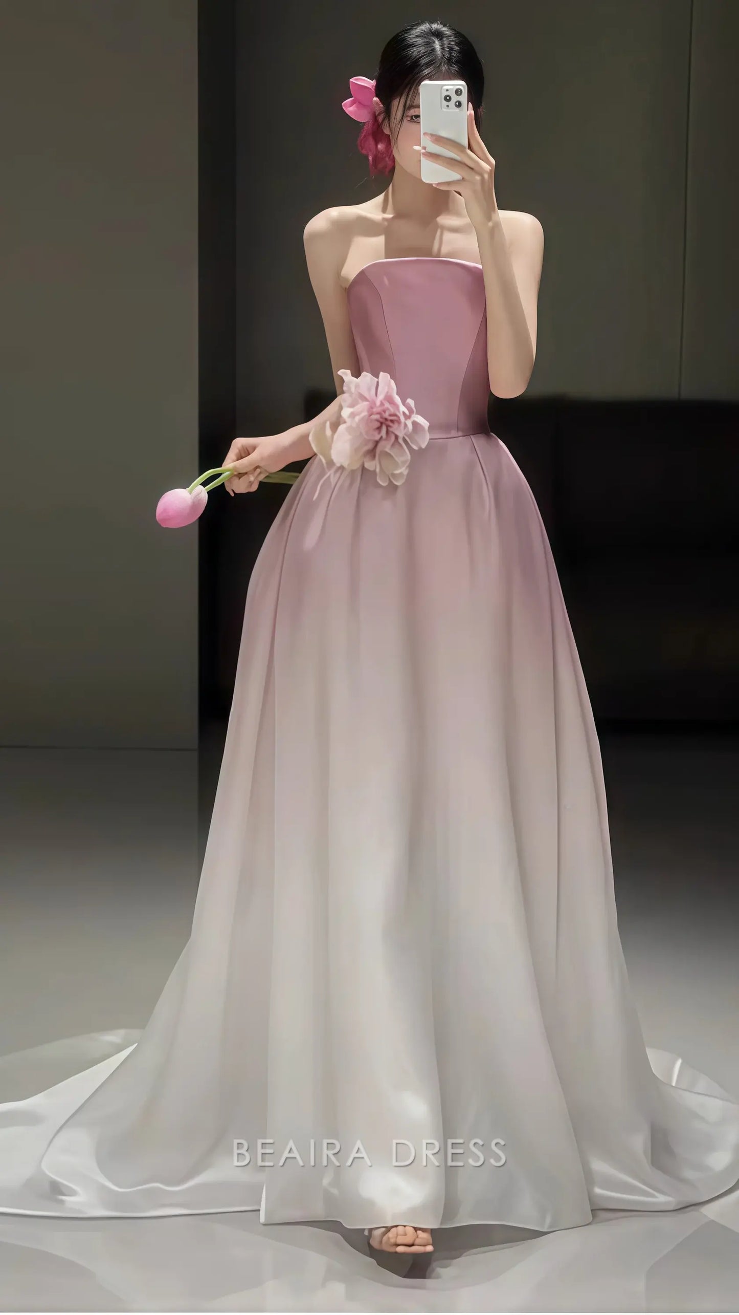 Beaira Elegant White Pink Strapless Party Dresses Long Prom Dress With Sweep Train formal wear dresses