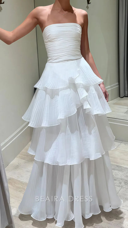 Beaira Elegant White Strapless Pleated Ruffle Prom Dress Floor Length Wedding Reception Dress formal wear dresses