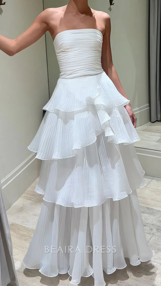 Beaira Elegant White Strapless Pleated Ruffle Prom Dress Floor Length Wedding Reception Dress formal wear dresses