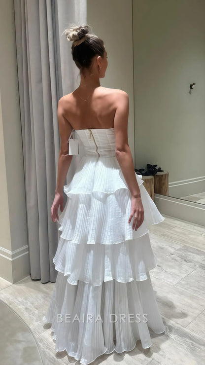 Beaira Elegant White Strapless Pleated Ruffle Prom Dress Floor Length Wedding Reception Dress formal wear dresses