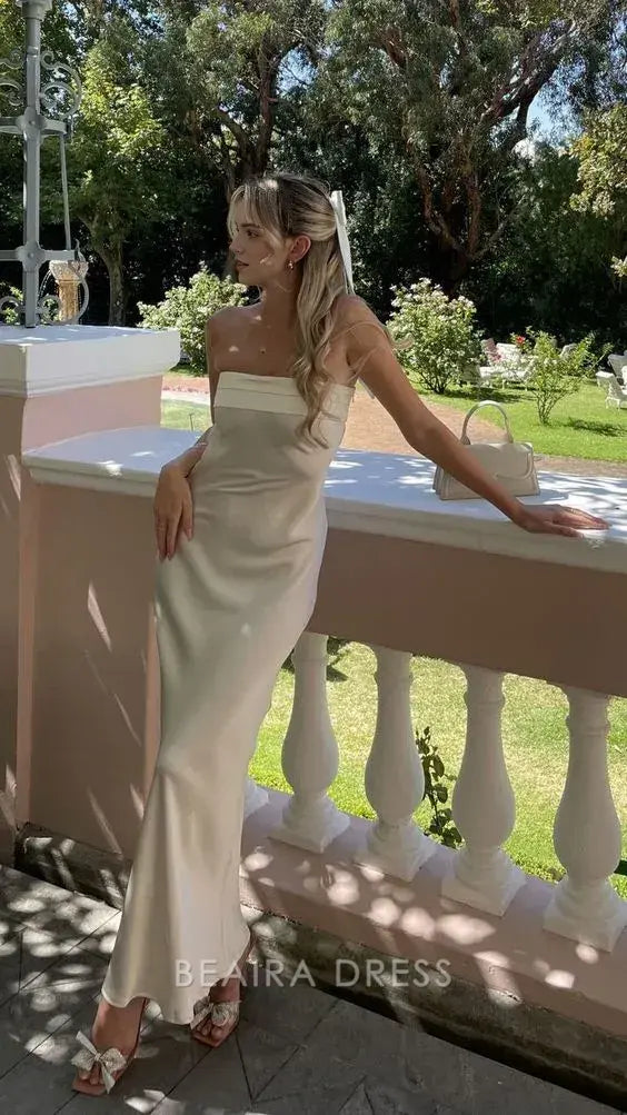 Beaira Elegant White Strapless Sheath Prom Dresses formal wear dresses