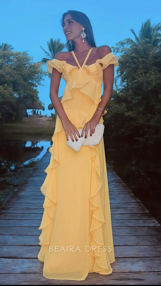 Beaira Elegant Yellow Ruffle Chiffon Prom Dresses Halter Off The Shoulder Evening Gown formal wear dresses