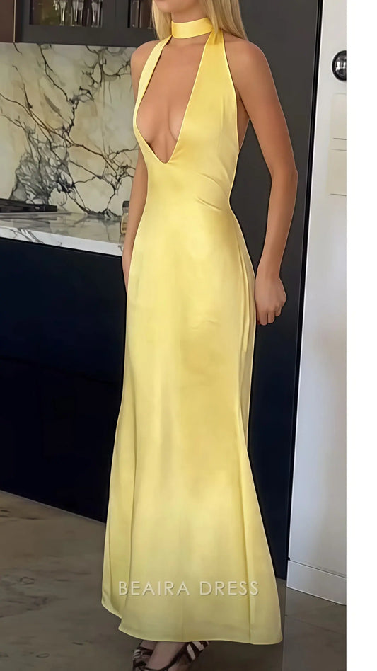 Beaira Elegant Yellow Sheath Satin Prom Dress Backless Senior Prom Dresses formal wear dresses